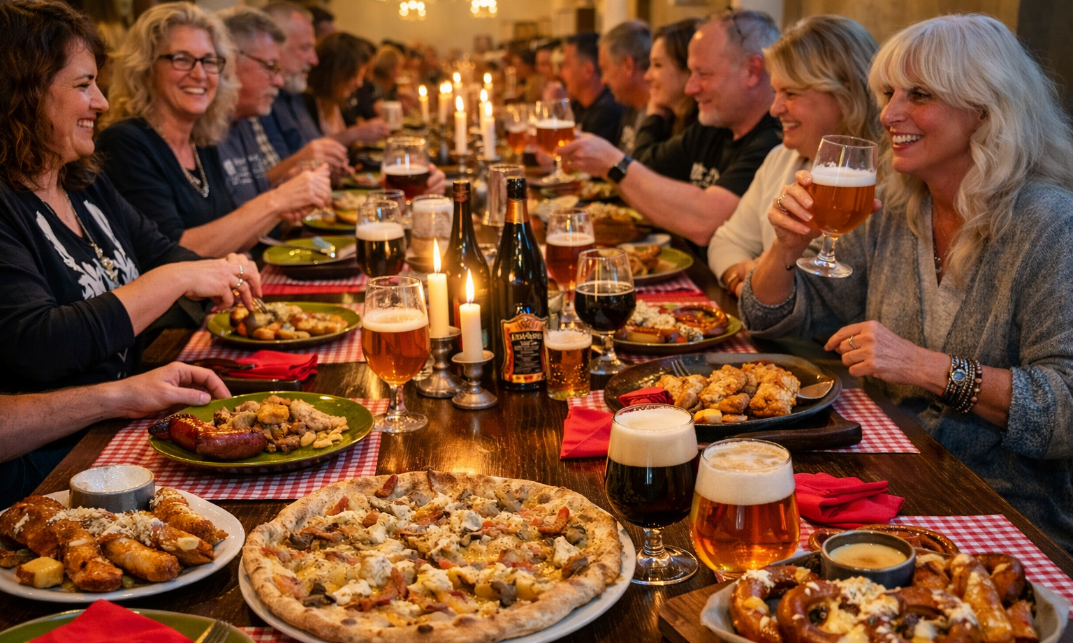 Groep mensen geniet van een Italiaans diner met bier en kaarslicht aan een lange houten tafel.
