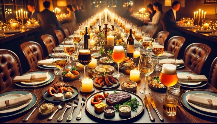 Elegant gedekte tafel met kaarsen, wijn en bier voor een luxueus diner.