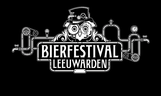 Logo van Bierfestival Leeuwarden met een steampunk uil en pijpleidingen.