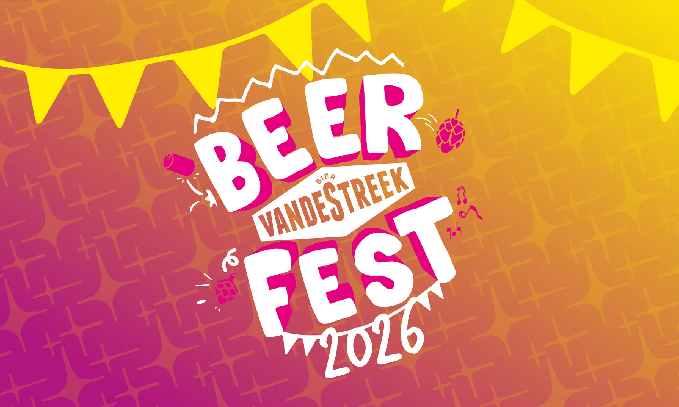 Beerfest 2026 logo met gele en paarse achtergrond met vlaggen.