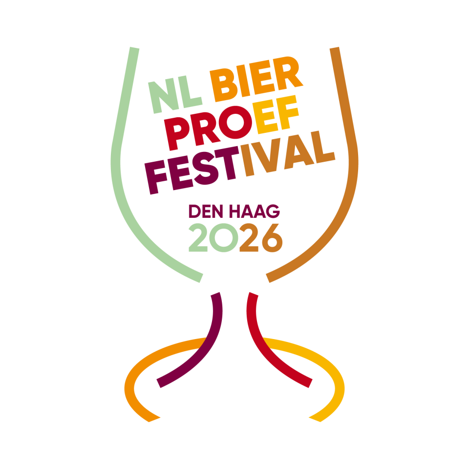 Logo van het Nederlands Bierproeffestival 2026 in Den Haag met een glazen silhouette en kleurrijke letters.