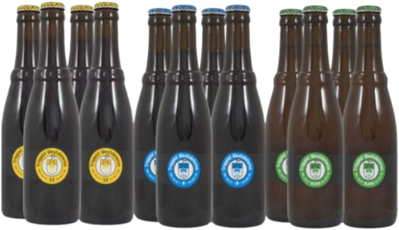 Bierpakket met de drie Westvleteren Trappisten: vier keer 12, vier keer 8 en vier keer Blond