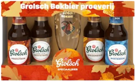 Grolsch Bokbier proeverij bierpakket met vier flesjes bier en een glas voor bockbier