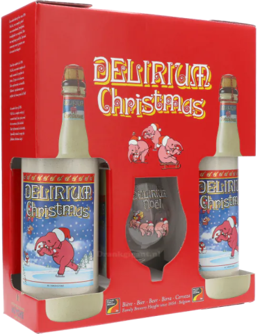 Delirium Christmas cadeaupakket met twee flessen en een bierglas, versierd met een kerstthema.
