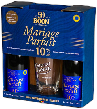 Boon Mariage Parfait 10% jubileum bierpakket met twee flessen en een glas.