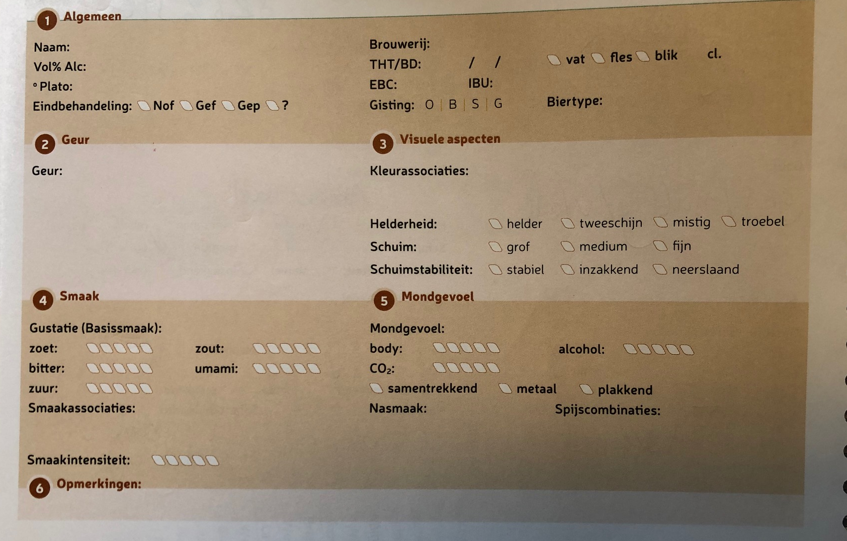 Voorbeeld van een proefformulier voor bier gebruikt door StiBON in 2019