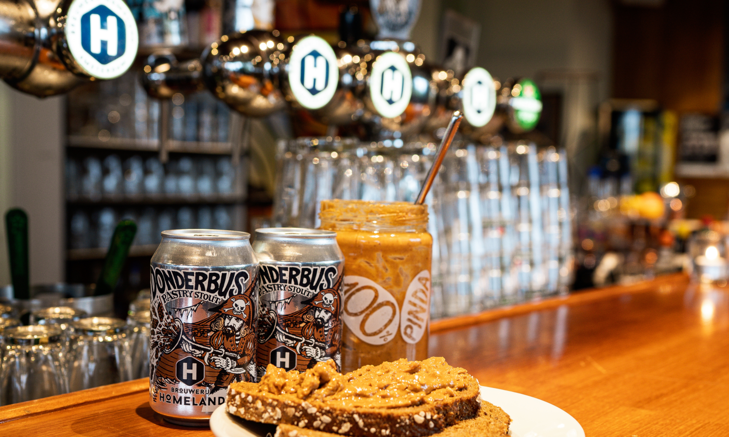 donderbus bier, pindakaas en boterham