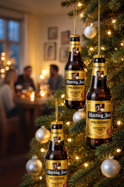 Drie Hertog Jan bierflesje kersthangers in de kerstboom