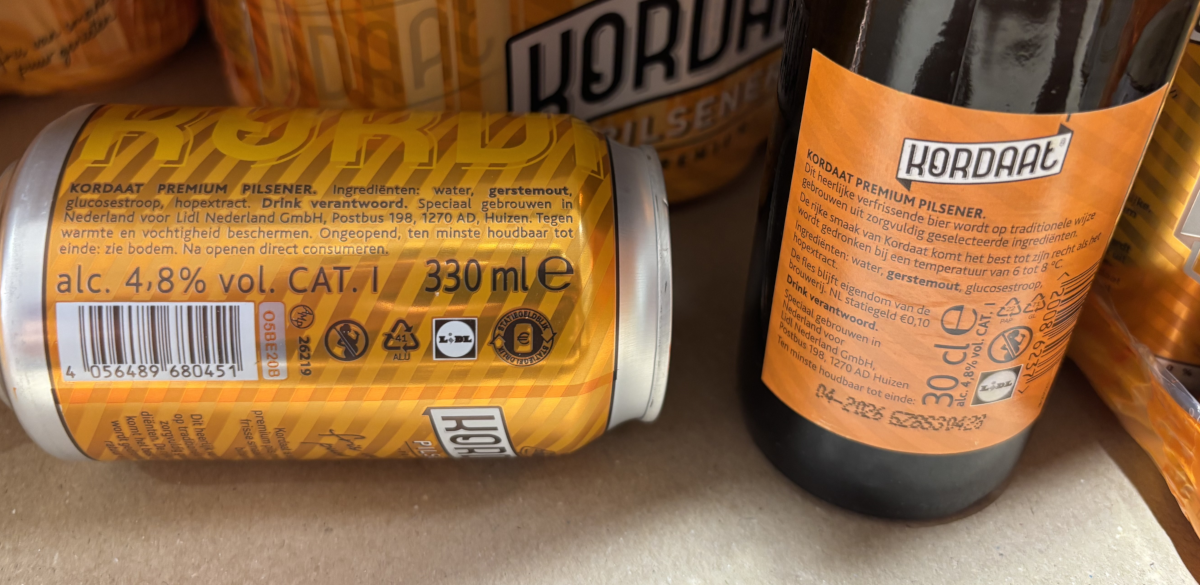 Kordaat Pils met 4,8% alcohol in blikje en flesje