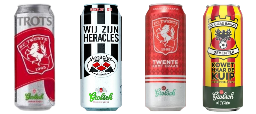 Verschillende Grolsch supporters blikken bier
