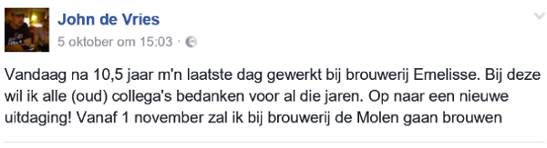Brouwer John de Vries van Emelisse gaat per 1 november 2016 aan de slag bij Brouwerij de Molen.