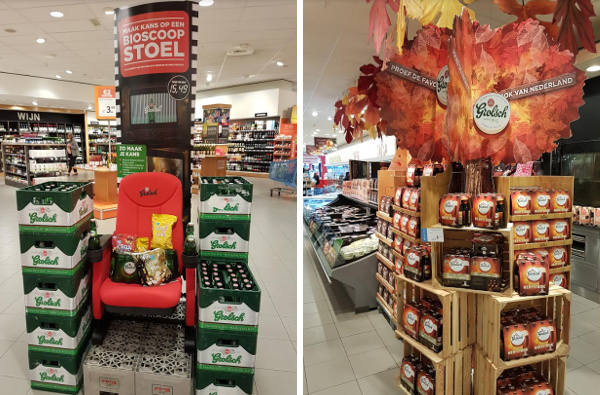 Grolsch displays in de supermarkt