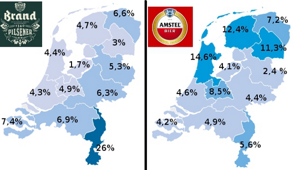 Marktaandeel Amstel en Brand in verschillende provincies