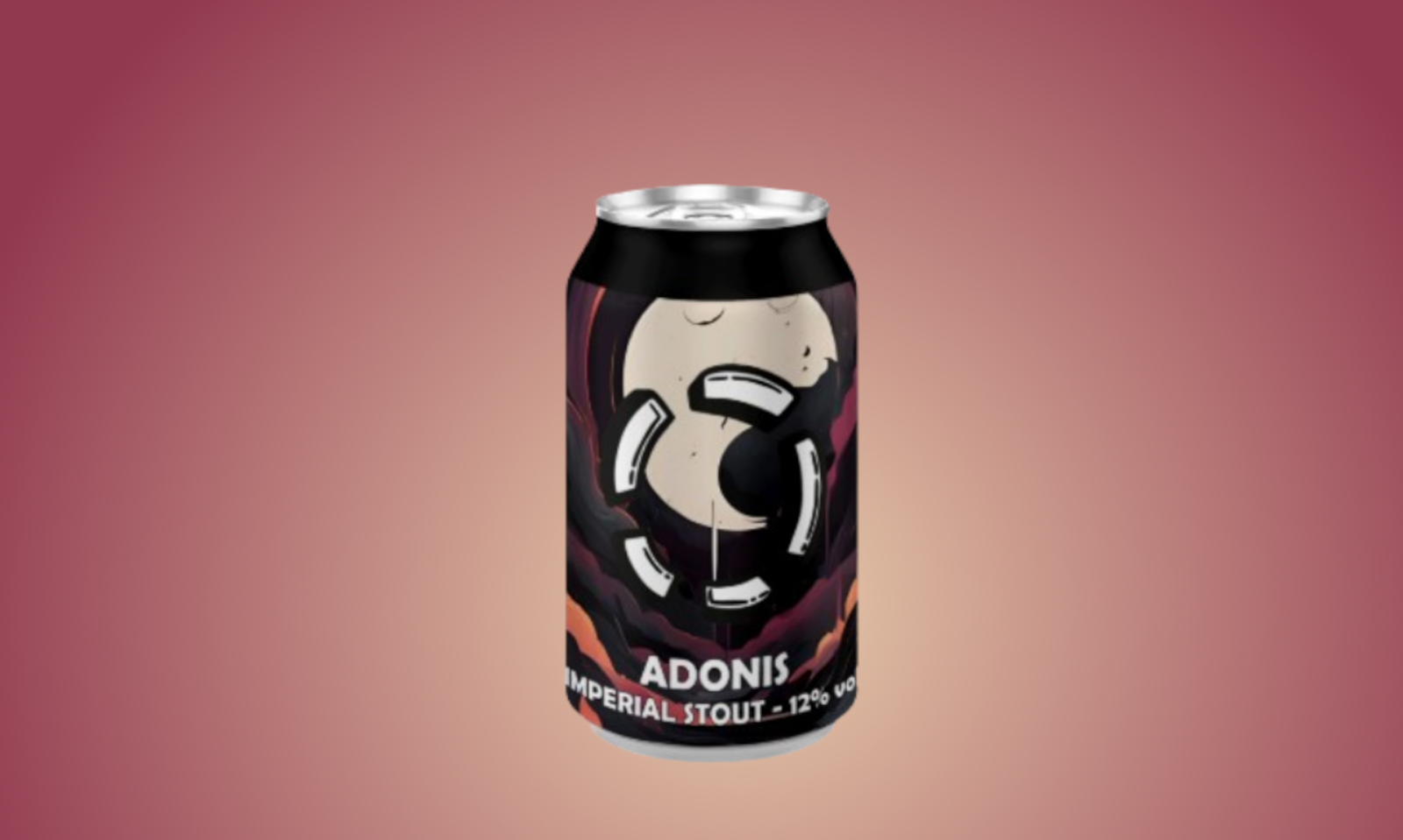 Blikje Adonis Imperial Stout op een roze achtergrond.
