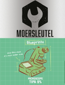 Moersleutel Microscope bier logo van de brouwerij met een getekende microscoop bluerprint.