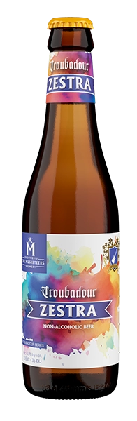 Bruin flesje met kleurrijk etiket van Troubadour Zestra non-alcoholisch bier.