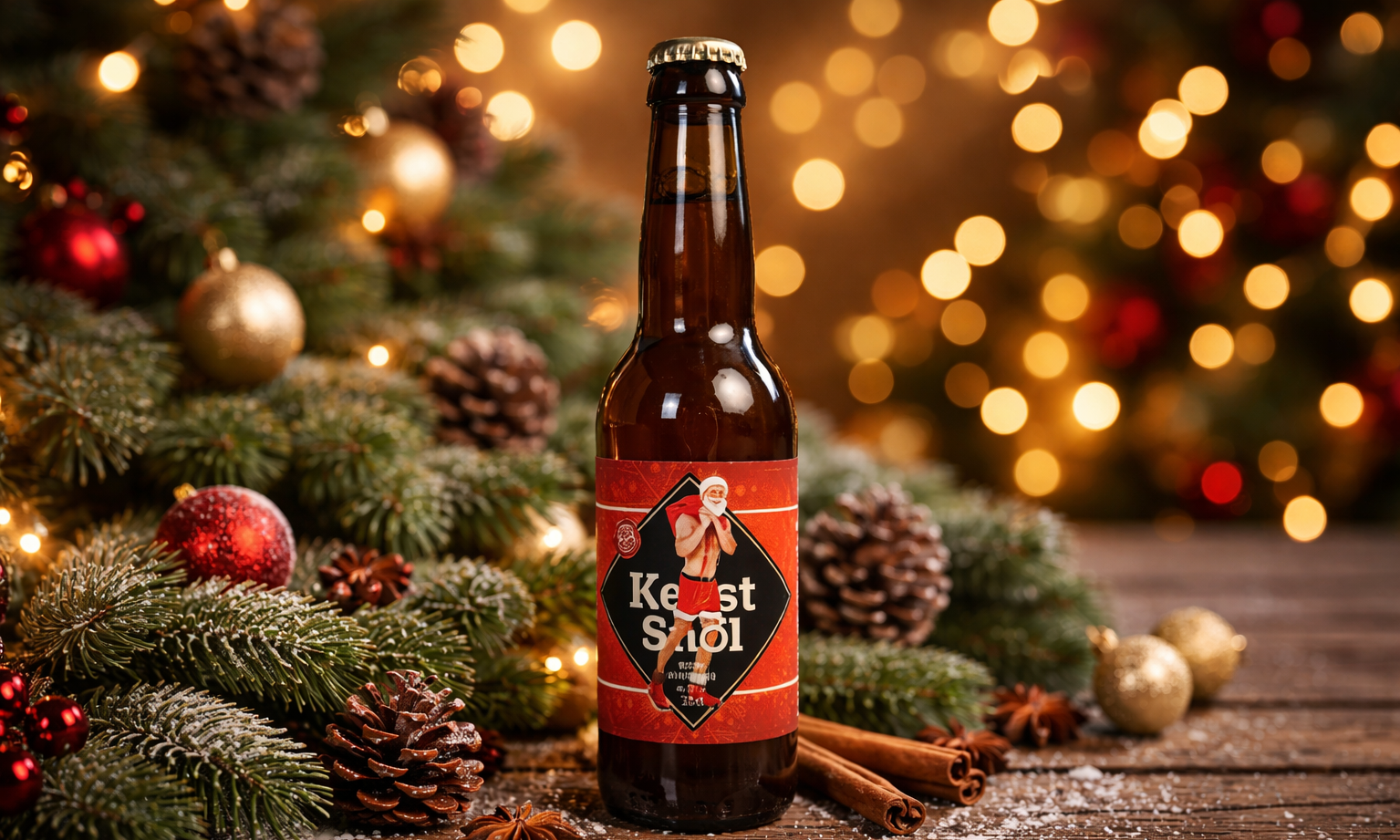Flesje Pimpelmeesch KerstSnol Blond bier voor kerstversiering met lampjes.