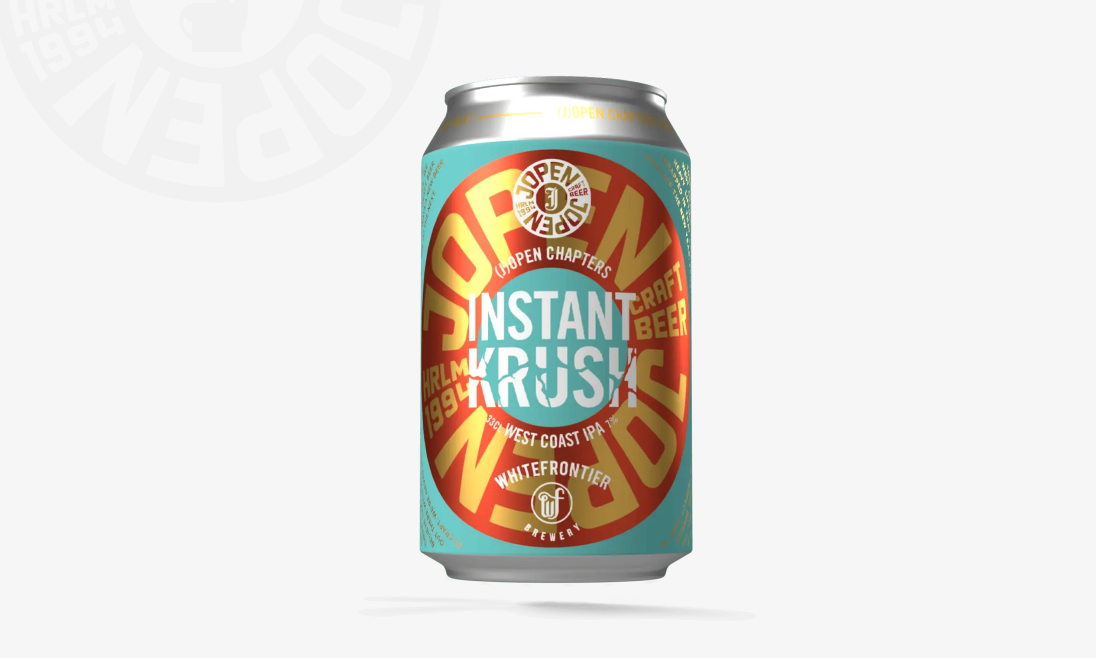 Blik Jopen Instant Krush West Coast IPA met opvallend ontwerp.