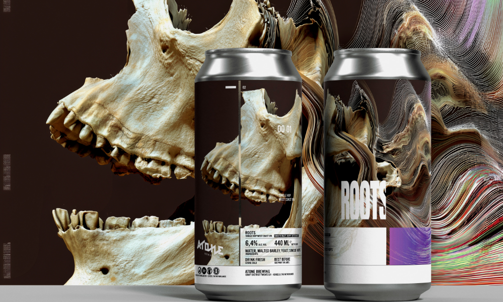 Twee bierblikjes voor een achtergrond van schedelfragmenten en golvende lijnen.