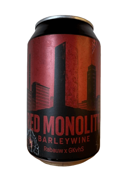 Zwarte blikken bier met rode skyline en tekst 'Red Monolith Barleywine'.