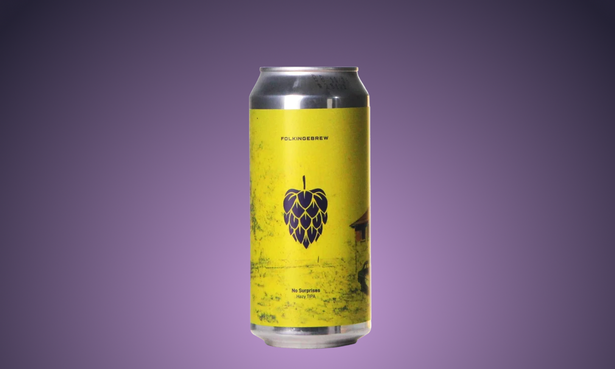 Blikje Folkingebrew No Surprises hazy TIPA met gele en paarse details.