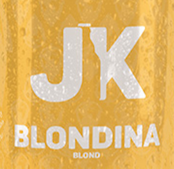 Gele achtergrond met de witte tekst 'JK Blondina Blond'