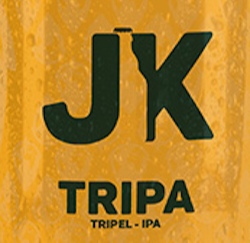 Logo van Jakes Beer Tripa op een oranje achtergrond met tekst 'TRIPA TRIPEL - IPA'.