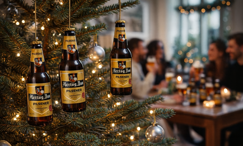 Drie Hertog Jan glashangers in de kerstboom met op de achtergrond mensen aan het proosten met het bier