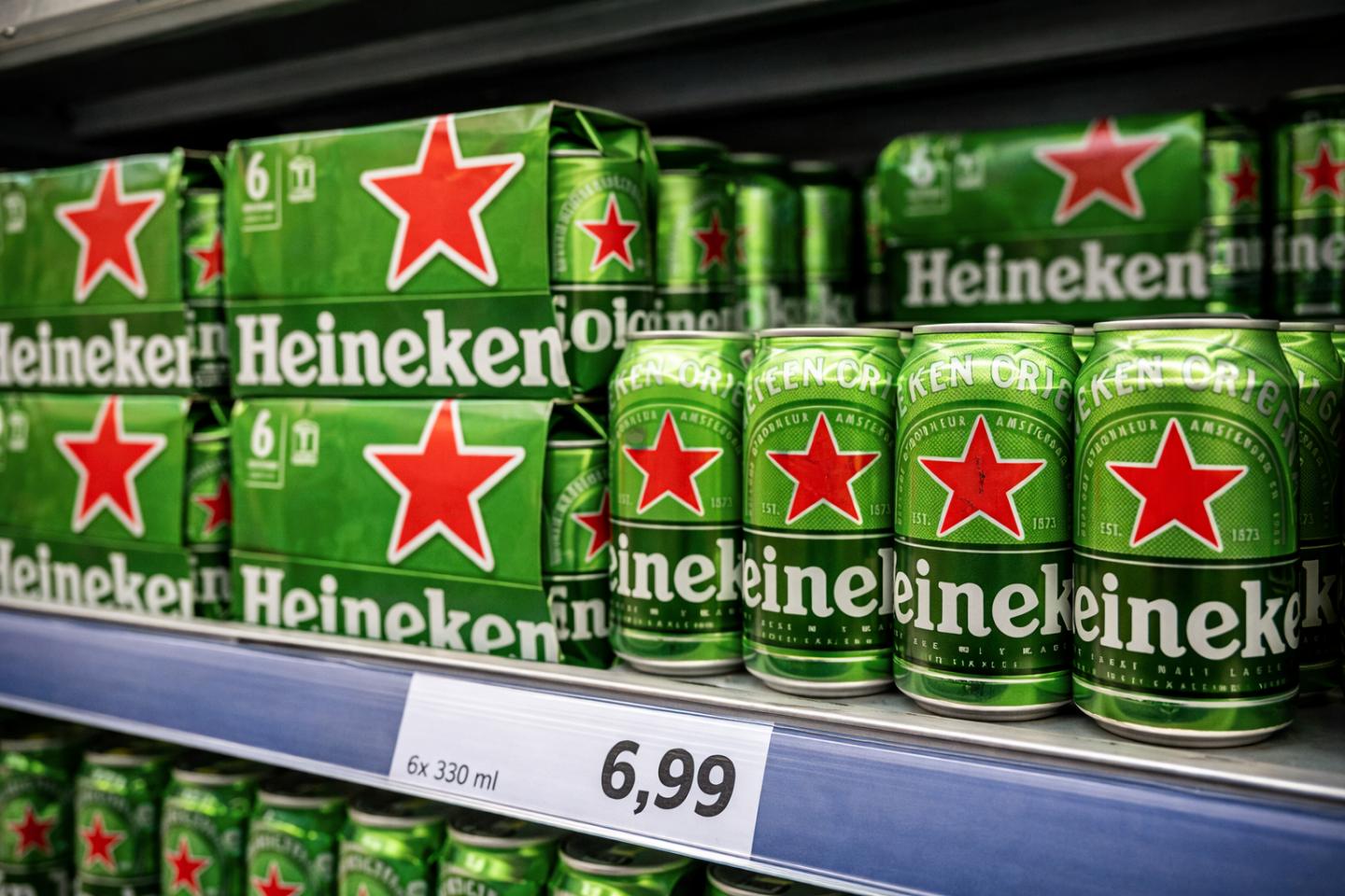 Heineken blikjes en verpakkingen in een supermarkt met een prijs van 6,99 euro.