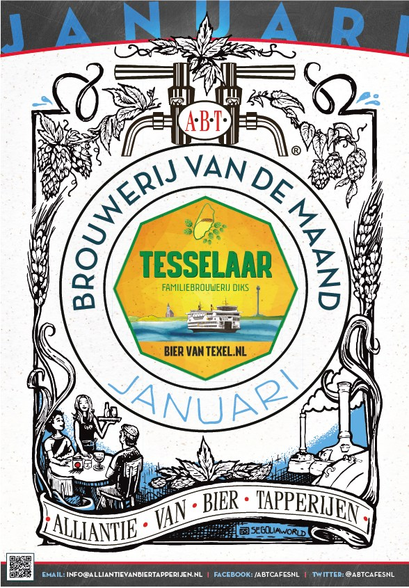 Illustratie van Tesslaar Familiebrouwerij Diks als brouwerij van de maand met tekst en decoratieve elementen.