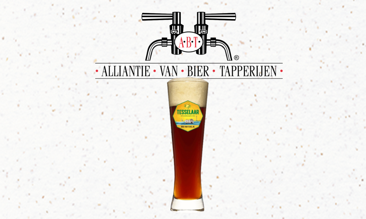 Hoog glas Tesselaar bier met schuimkraag voor logo van Alliantie van Biertapperijen.