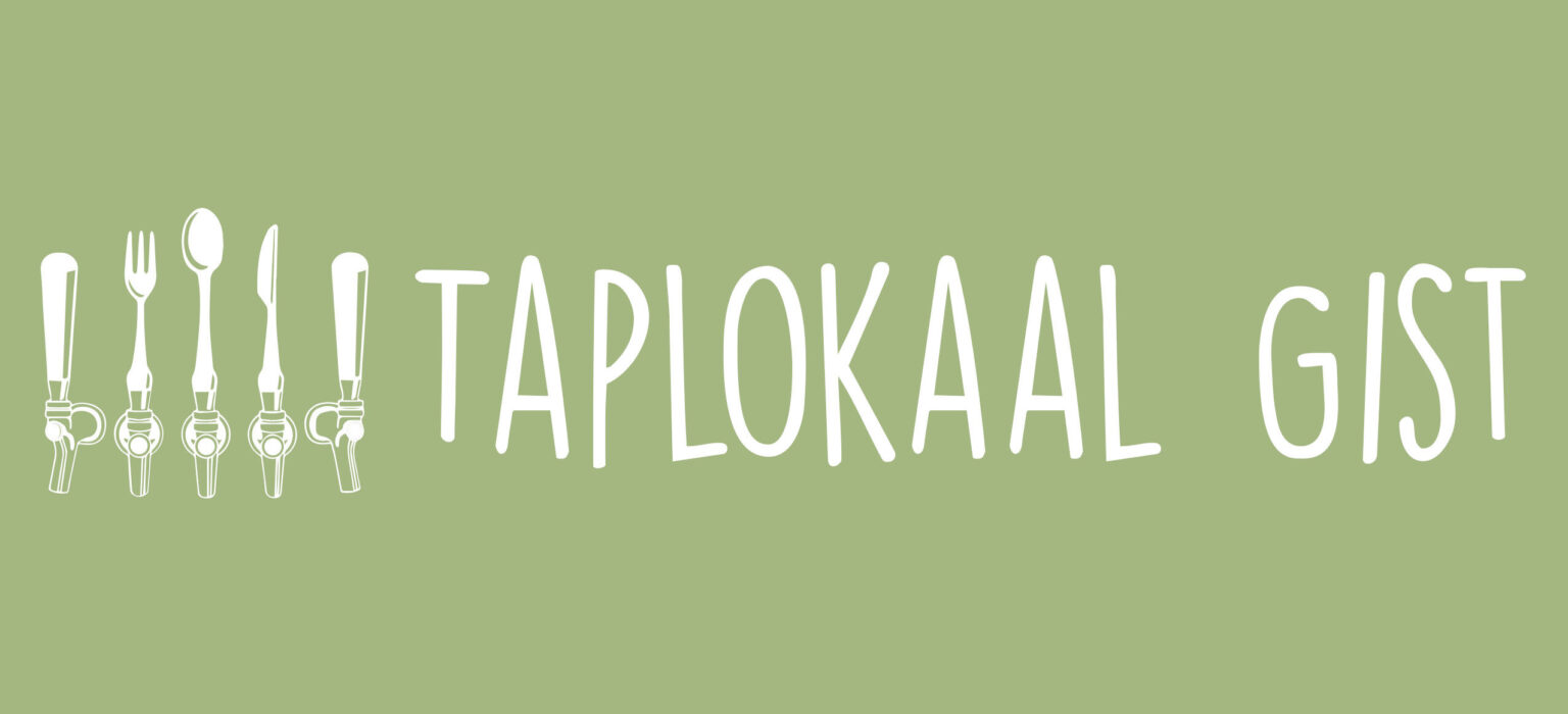 Groene achtergrond met witte tekst Taplokaal Gist en iconen van bestek.