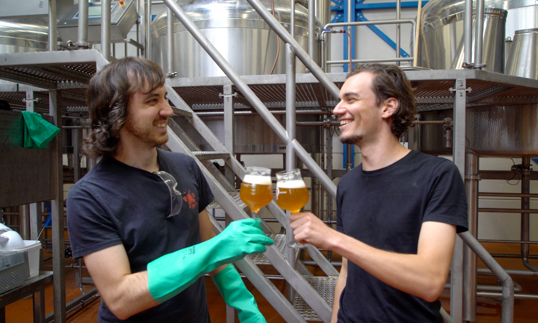 Twee mensen proosten met glazen bier in een brouwerij met roestvrijstalen tanks.