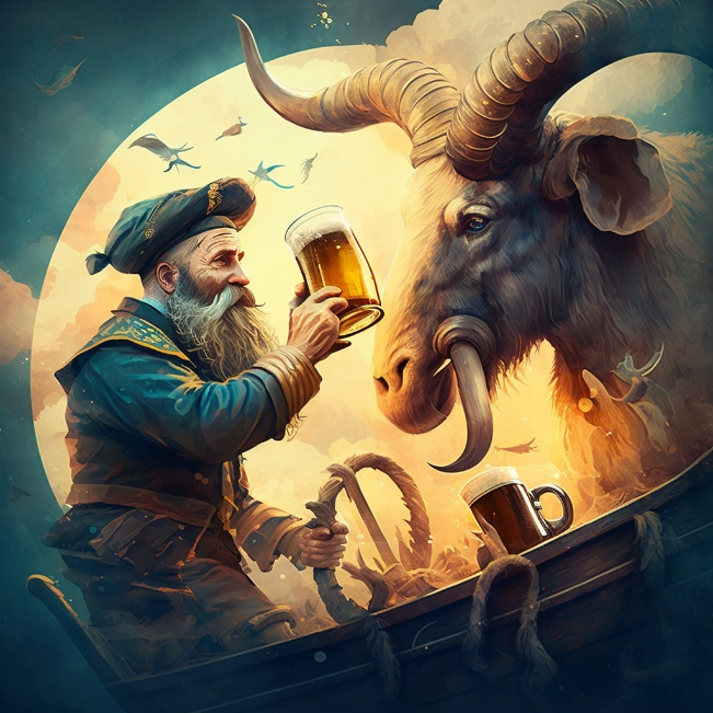 Een bock met een schipper met bier in de hand