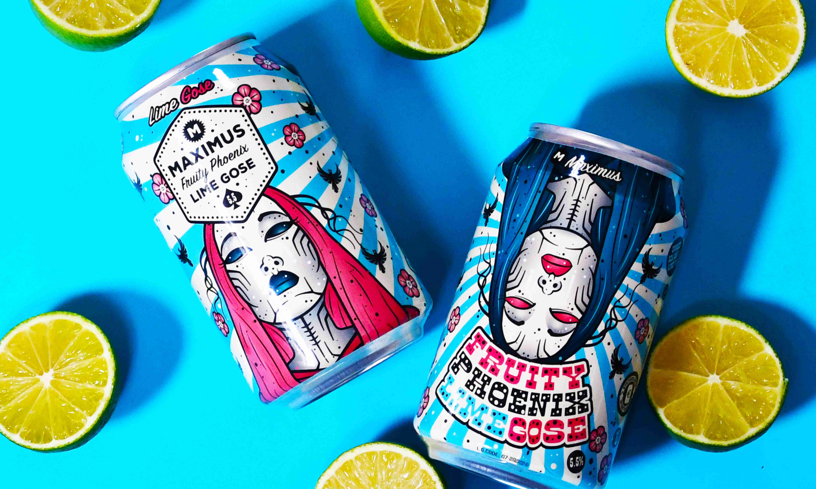 Twee blikjes Fruity Phoenix van Maximus met limoentjes er omheen