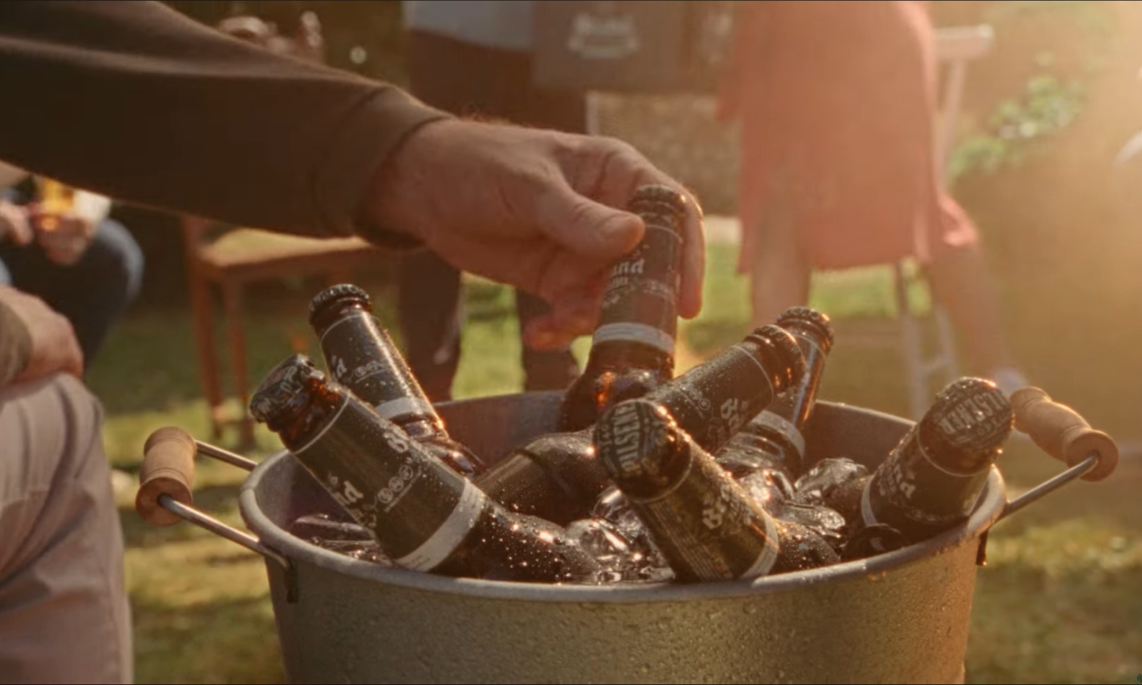 Hand pakt bierflesje uit ijsemmer tijdens zomers buitenfeest.