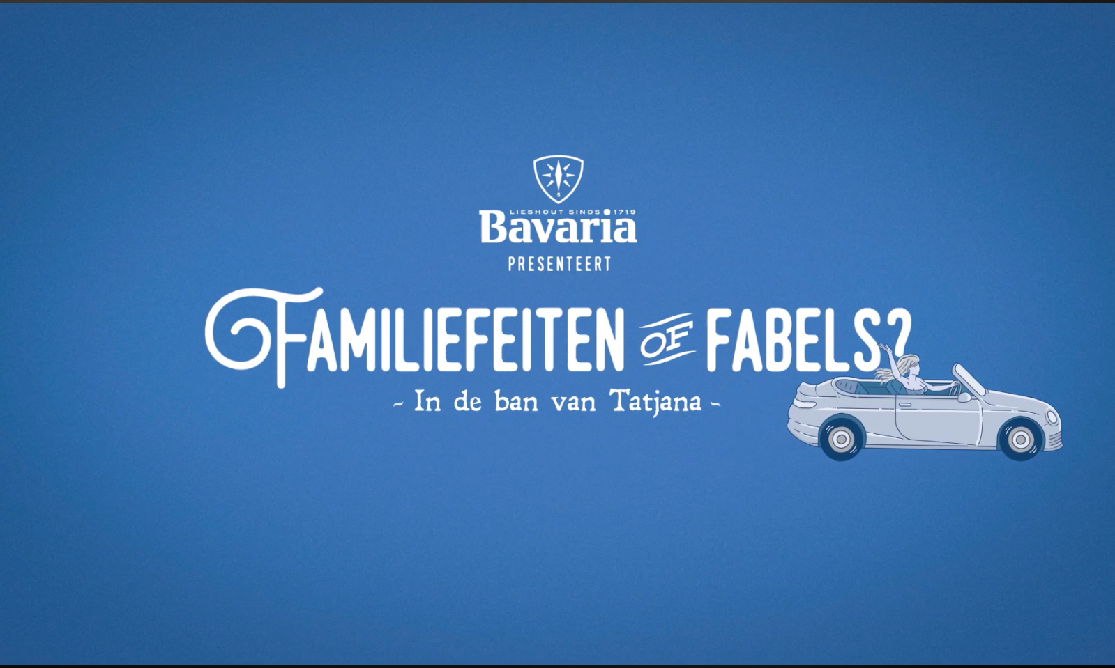 Blauw affiche van Bavaria met tekst en afbeelding van een vrouw in een cabriolet.