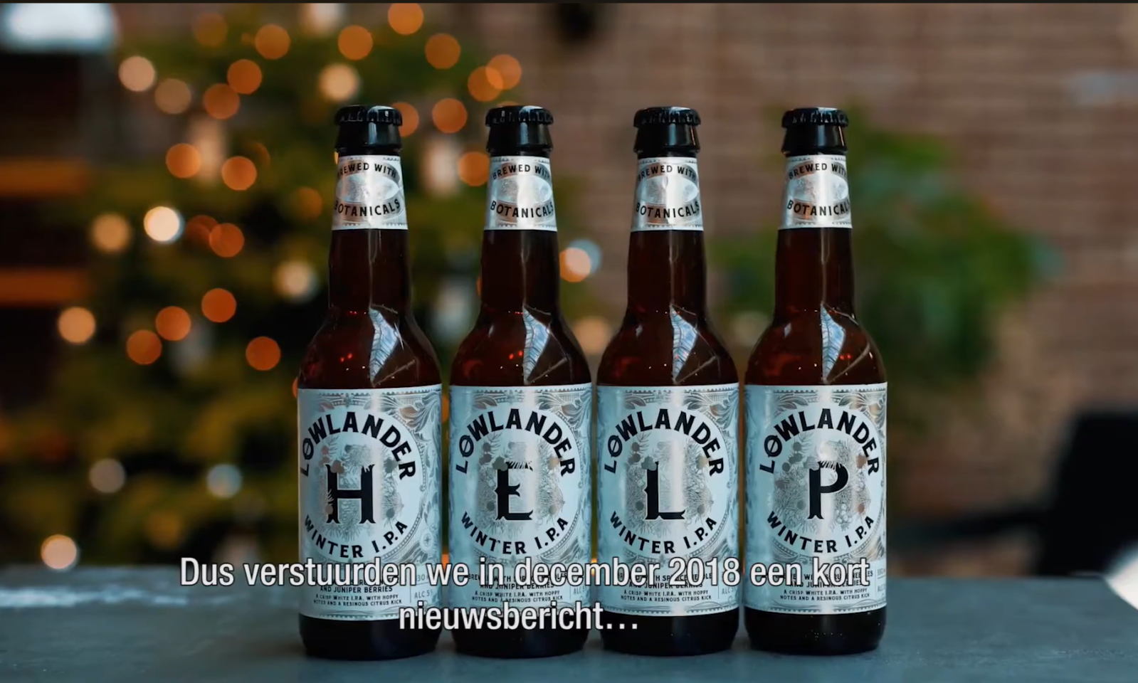 Vier Lowlander Winter I.P.A. flessen staan naast elkaar met wazige kerstverlichting op de achtergrond.