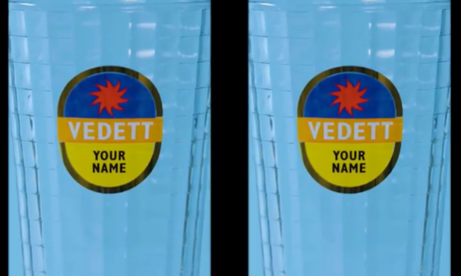 Twee Vedett glazen naast elkaar met het logo en de tekst 