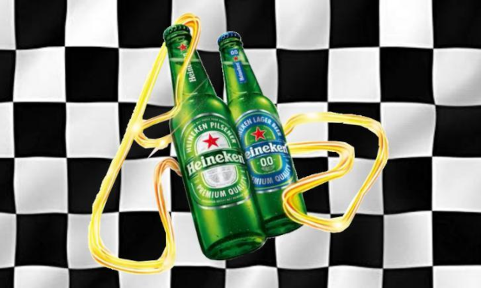 Twee Heineken bierflessen met checkered achtergrond en gele grafische elementen.