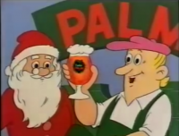 Kerstman die een koets bestuurt met een PALM reclame en glazen bier omhoog houdt.