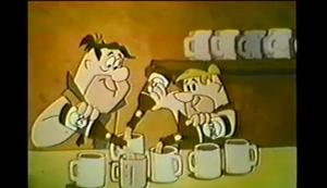 Twee cartoonfiguren schenken drankjes in mokken in een vintage animatiescene.