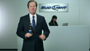 Close-up van Bud Light bierflesjes met ijs en de tekst 'Here We Go'.