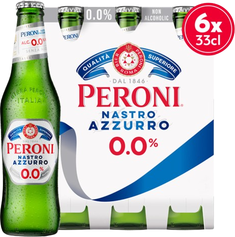 Peroni Nastro Azzurro 0.0% sixpack met flesjes van 33cl