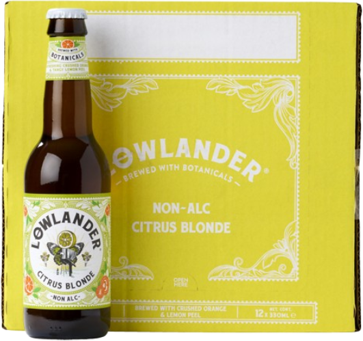 Lowlander non-alc citrus blonde doos met 12 flesjes van 33cl