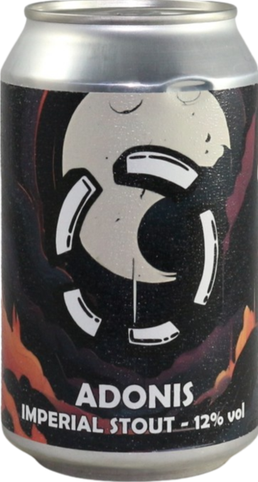 Blikje LOST Adonis Imperial Stout bier met abstracte illustratie op etiket.