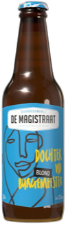 Bruin bierflesje met blauw etiket van De Magistraat: Dochter van de Burgemeester.