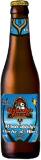 Bruin bierflesje Broeder Jacob Winterklokje met blauw etiket en Belgische vlag.