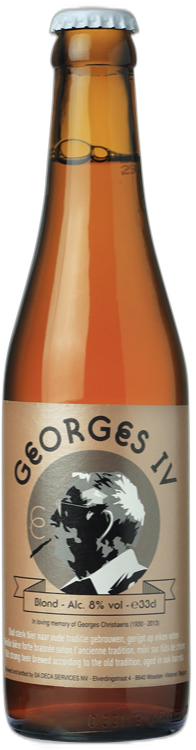 Bruin bierflesje van Georges IV met etiket en zilveren kroonkurk.