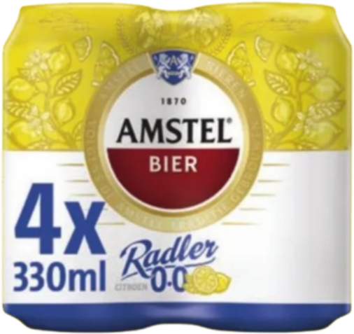 Amstel Radler 0,0% 4-pack met blikjes van 33cl, verpakking met geel en wit ontwerp.
